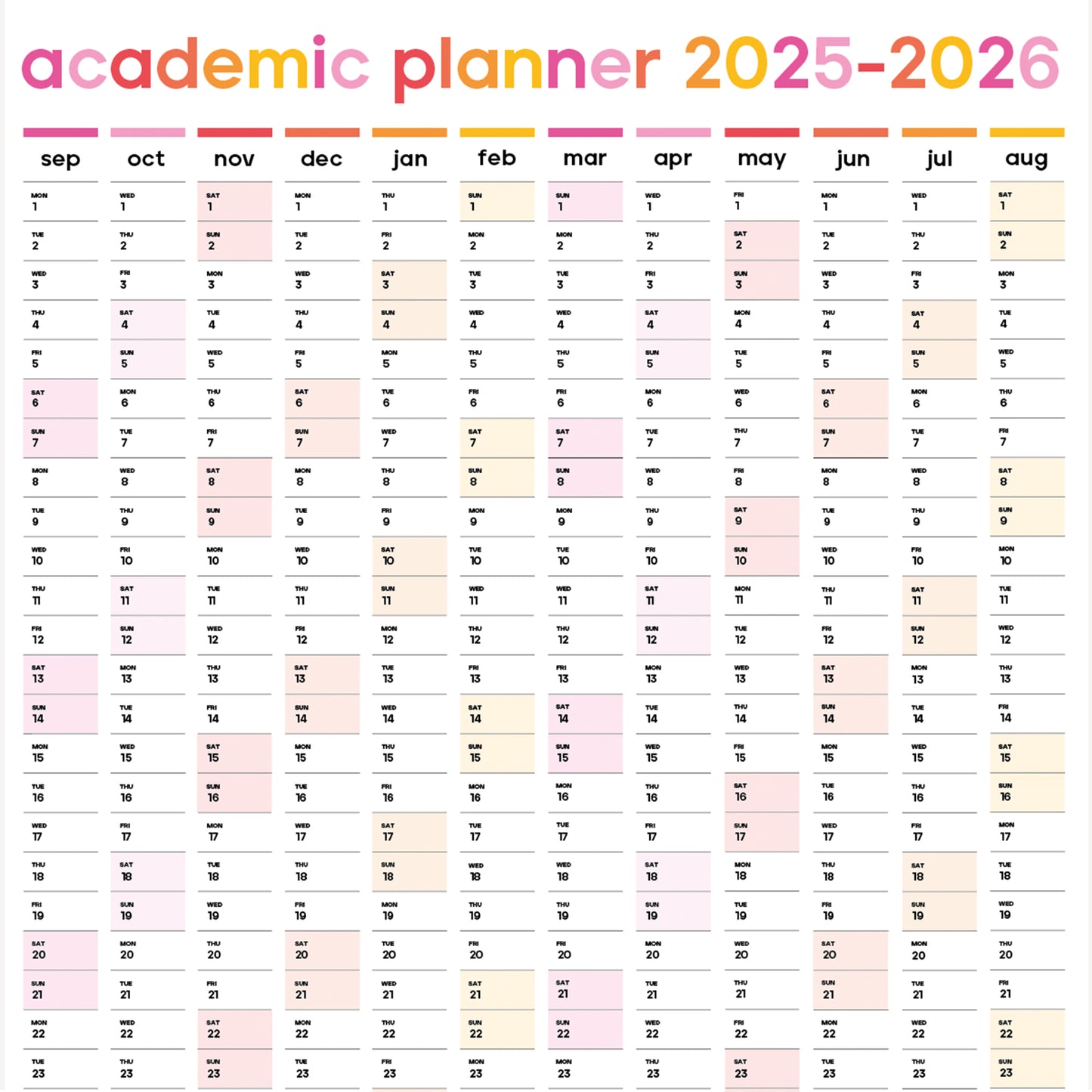 A2 Academic Wall Planner 2025–2026 – Portrait Calendar in Pink and Yellow