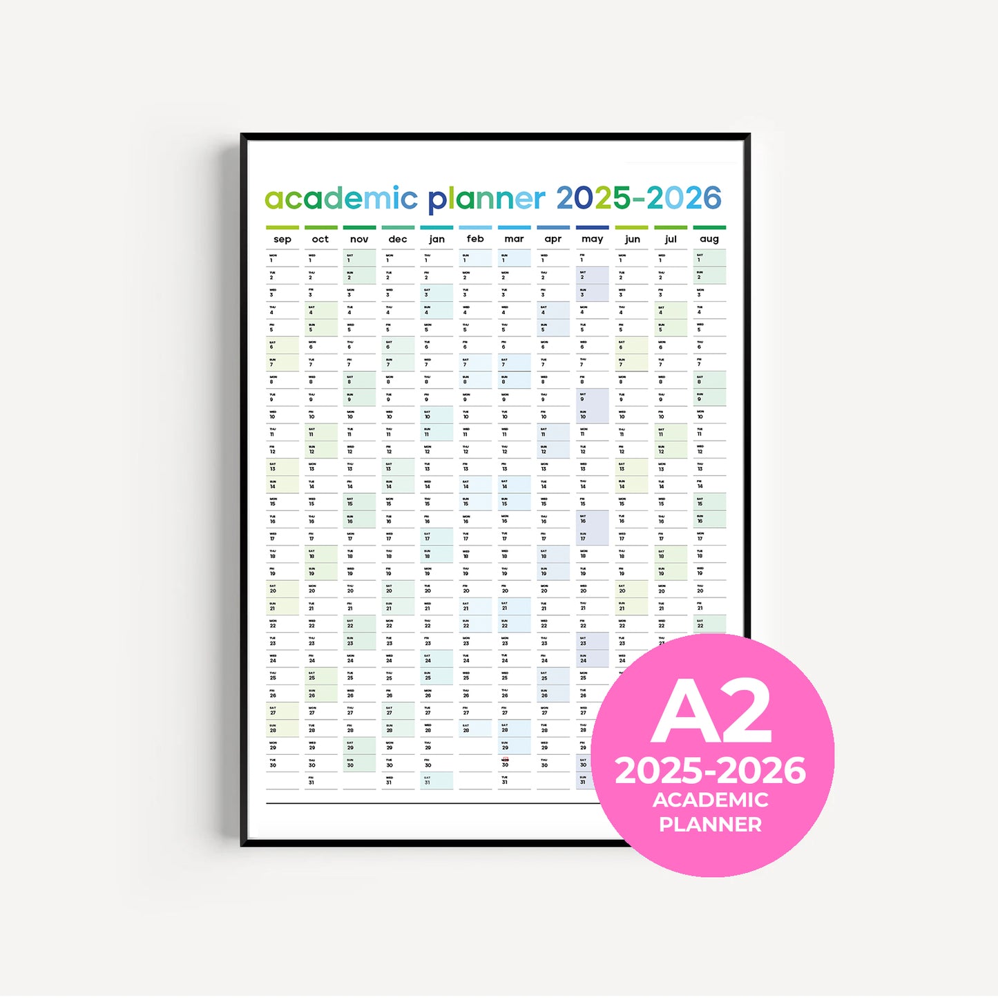A2 portrait school year wall planner 2025–26 in blue and green