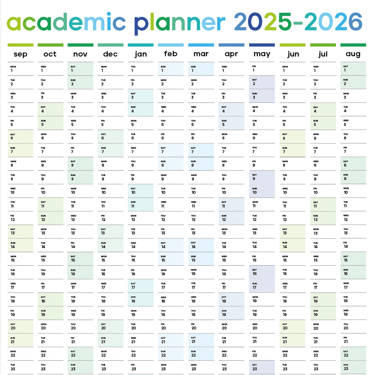 Academic planner for the years 2025-2026 with color-coded months.
