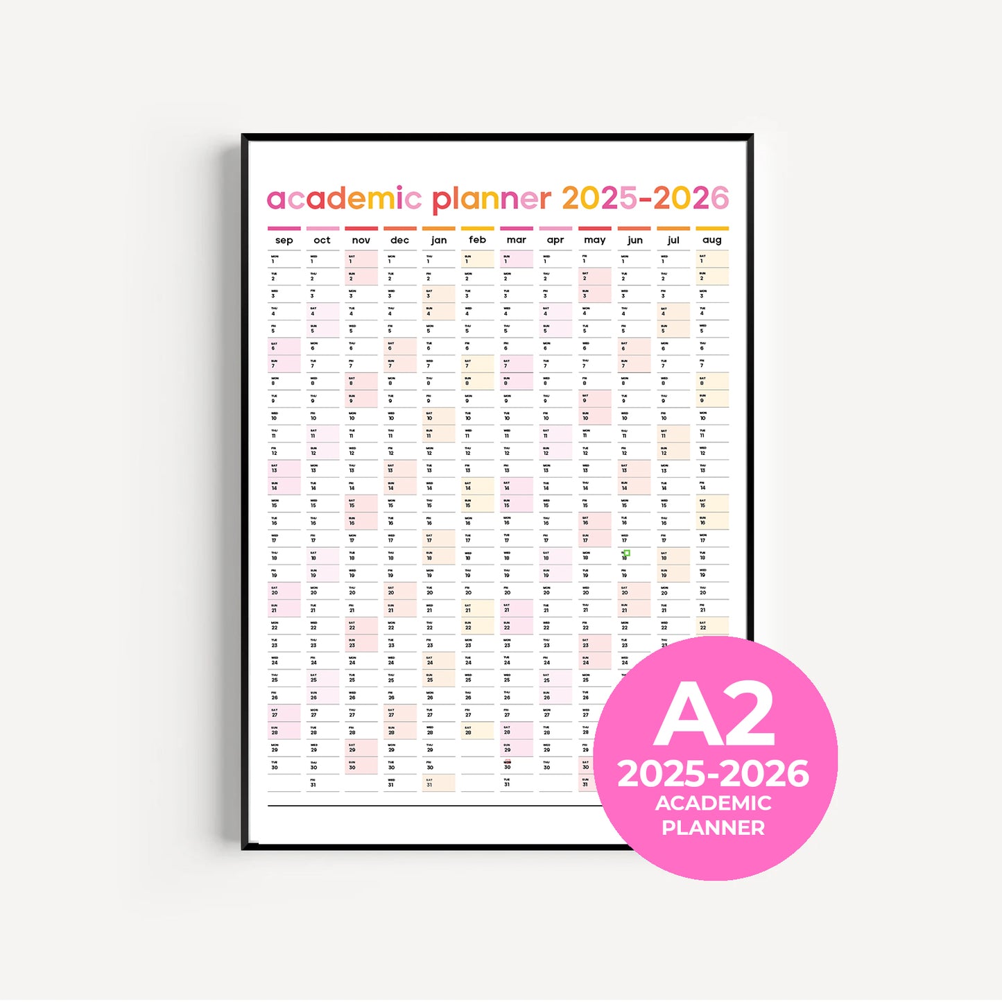 A2 Academic Wall Planner 2025–2026 – Portrait Calendar in Pink and Yellow