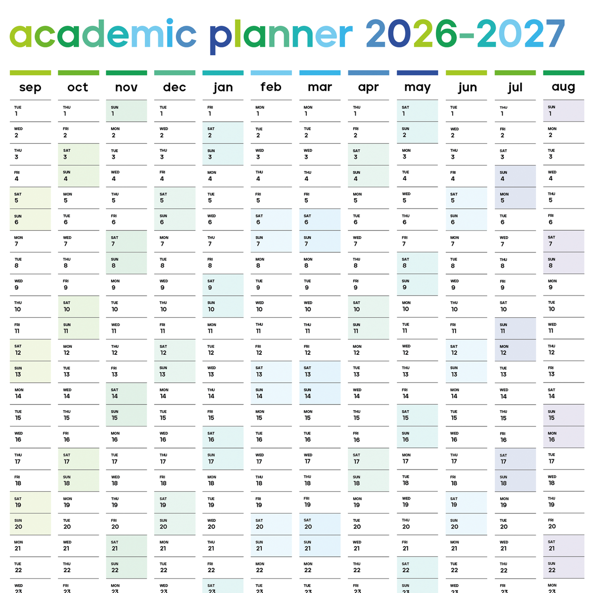 2026–2027 Academic Wall Planner | A2 Wall Calendar | Portrait | Blue