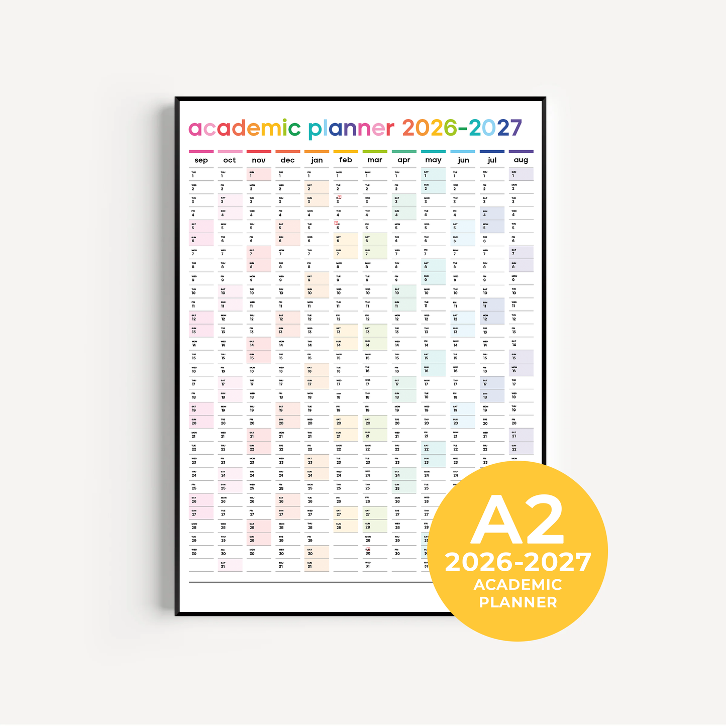 2026-2027 Academic Wall Planner | A2 Wall Calendar | Portrait | Multicolour