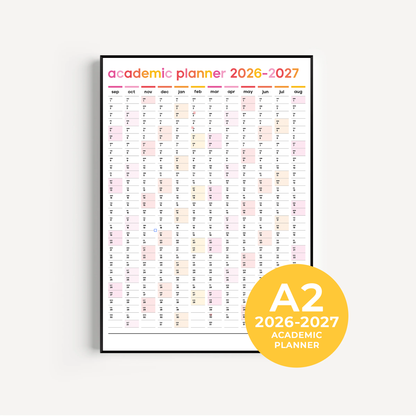 2026-2027 Academic Wall Planner | A2 Wall Calendar | Portrait | Pink