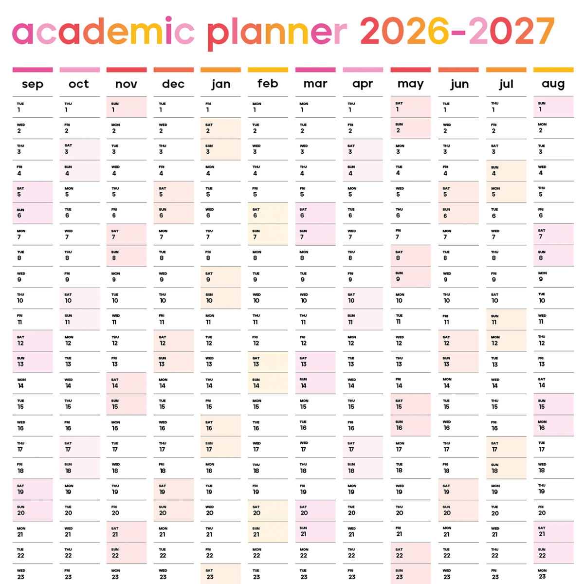 2026-2027 Academic Wall Planner | A2 Wall Calendar | Portrait | Pink