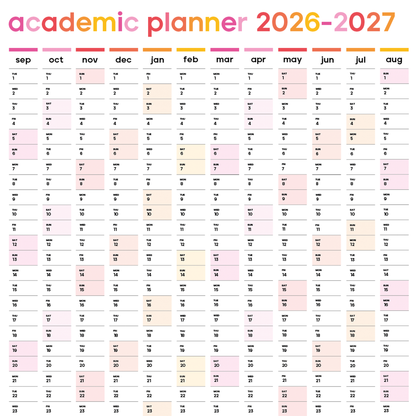 2026-2027 Academic Wall Planner | A2 Wall Calendar | Portrait | Pink