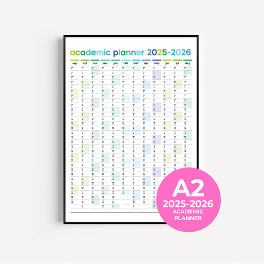 A2 portrait school year wall planner 2025–26 in blue and green