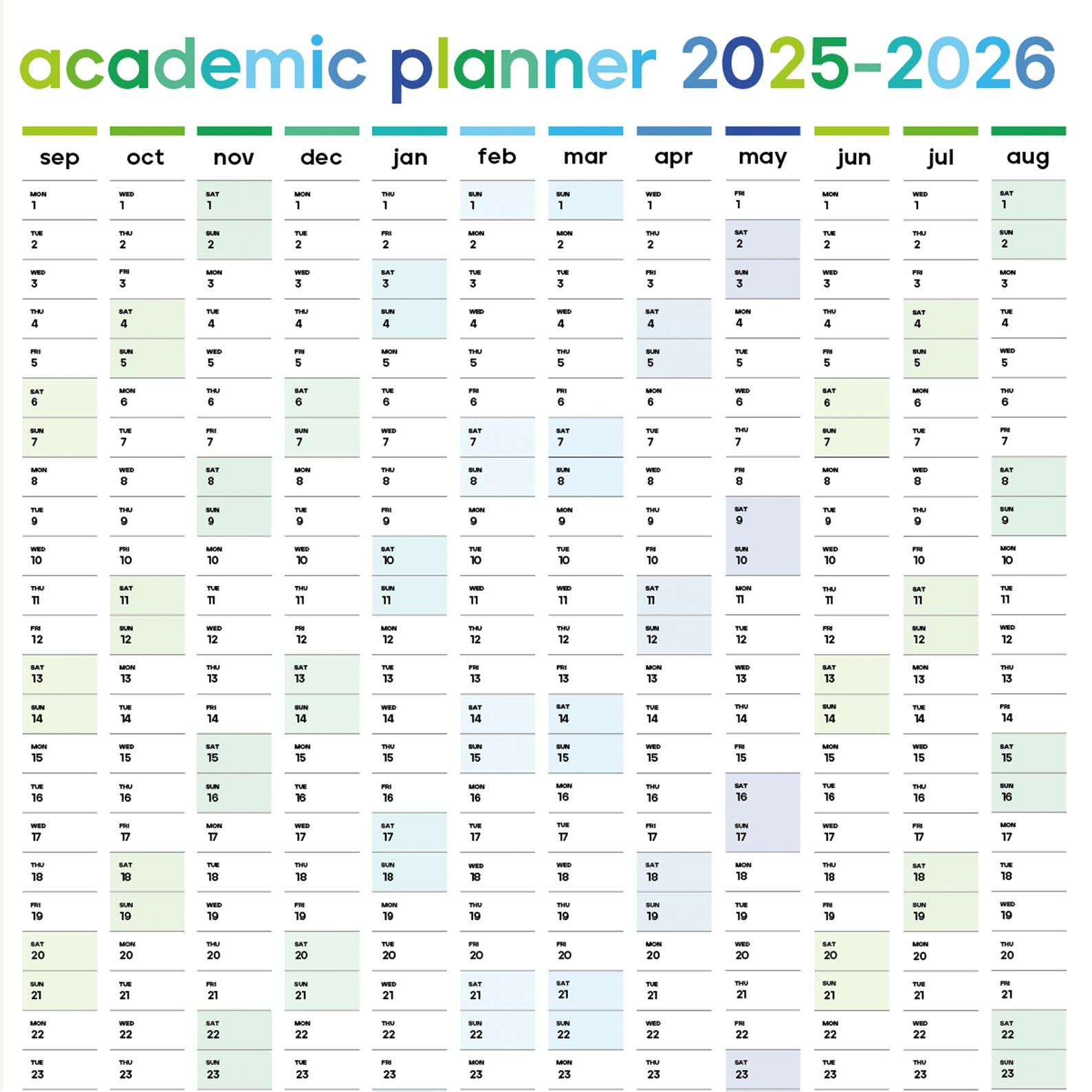 Academic planner for the years 2025-2026 with color-coded months.