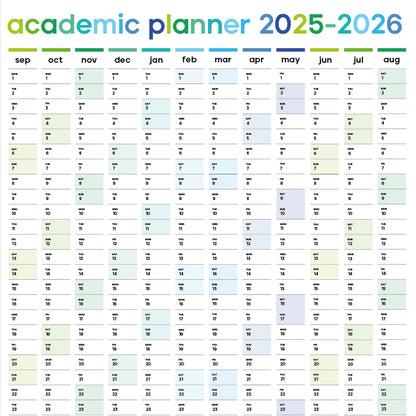 Academic planner for the years 2025-2026 with color-coded months.