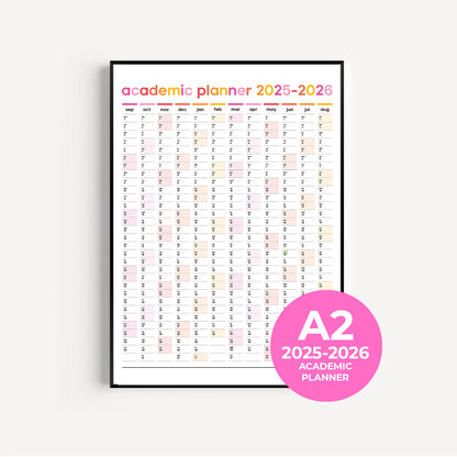 A2 Academic Wall Planner 2025–2026 – Portrait Calendar in Pink and Yellow