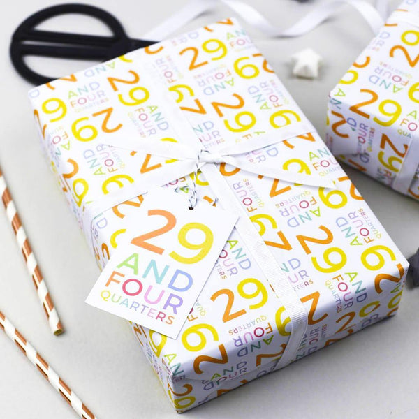 contemporary gift wrap for a 30th birthday - 29 and four quarters