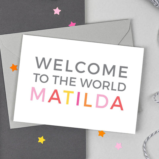 Personalised Welcome to the Word Baby Girl Card - Studio 9 Ltd